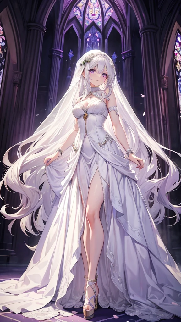 Extremely long white hair, purple eyes, dreamiest female figure, gorgeous 16 year old bride in a stapless, A-line wedding dress.
