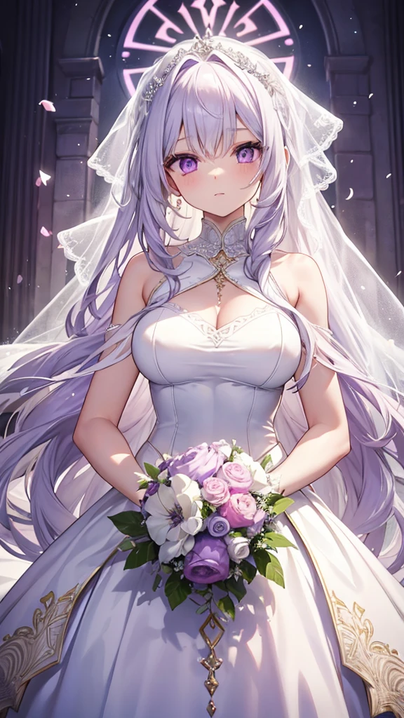 Extremely long white hair, purple eyes, dreamiest female figure, gorgeous  bride in a stapless, A-line wedding dress.