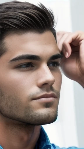 make an young American men focus on the face.