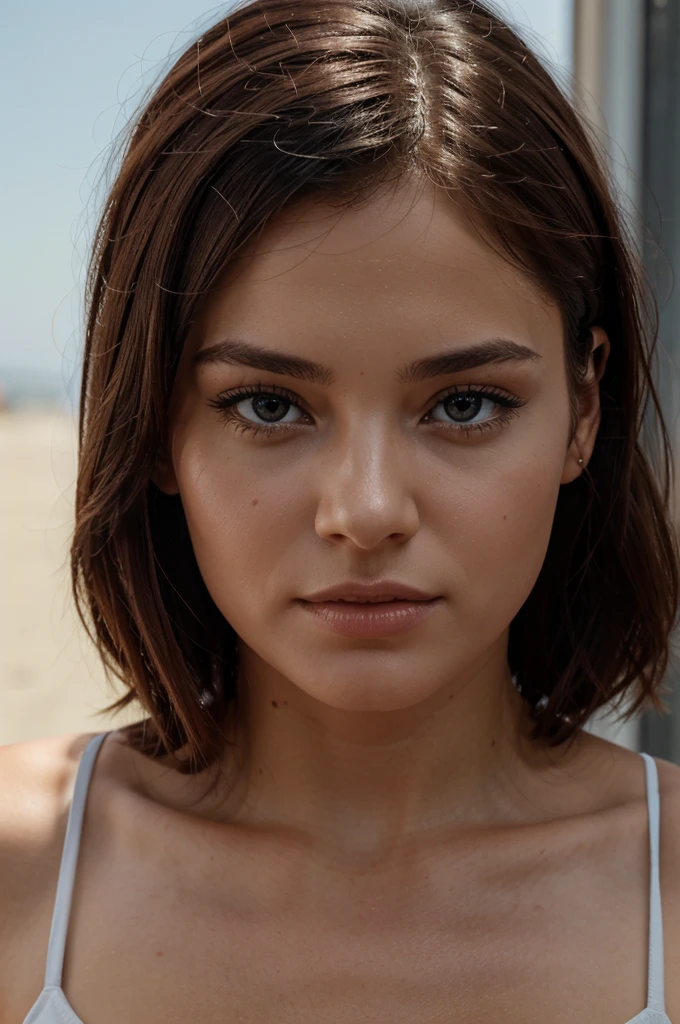 Une femme cheveux châtains yeux bleux debout nue. Ultra realistic and detailed 4K image
