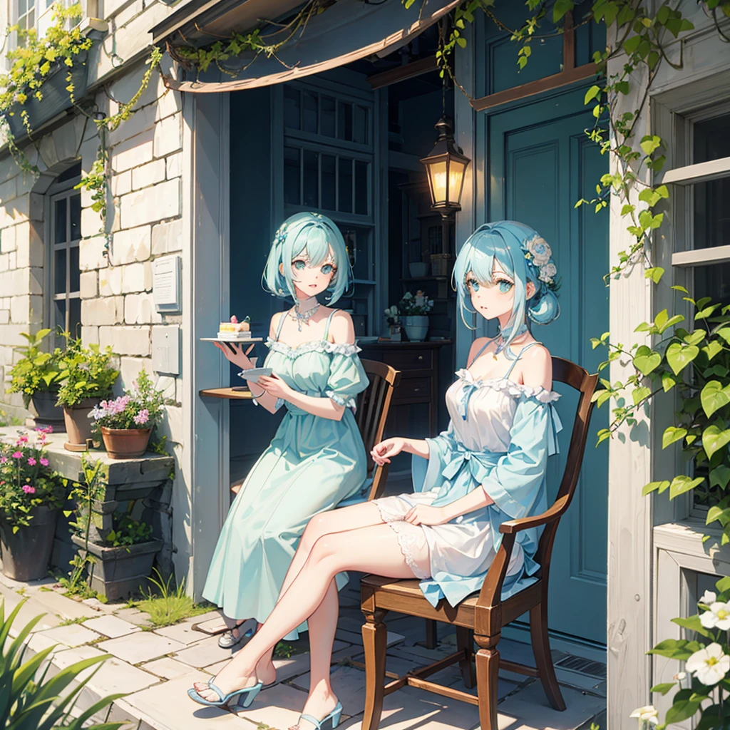 light blue hair, cake strip, Cute green eyes, Beautiful Mouth, 1,60, medium chest, sitting on a large chair in a courtyard