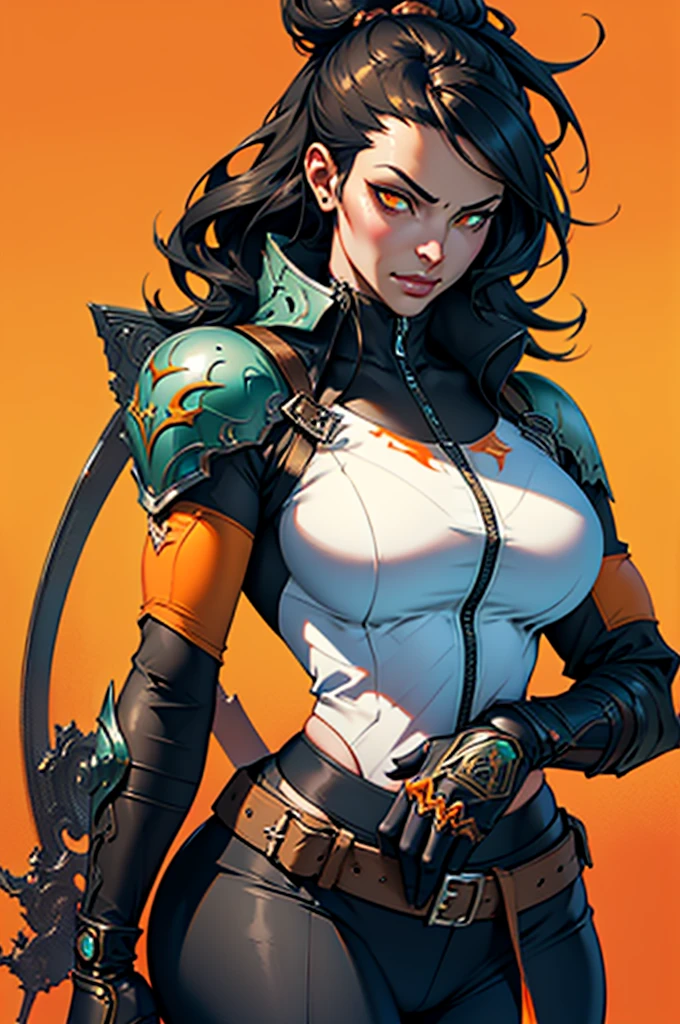 there is a woman (curvaceous, glowing orange eyes) with a sword and armor on a orange background, cyberpunk art by Chen Jiru, Artstation, fantasy art, artgerm craig mullins, epic exquisite character art, stunning character art, D&D Dark Sun character art, by ruan jia and stanley artgerm, peter mohrbacher artstyle, peter mohrbacher style