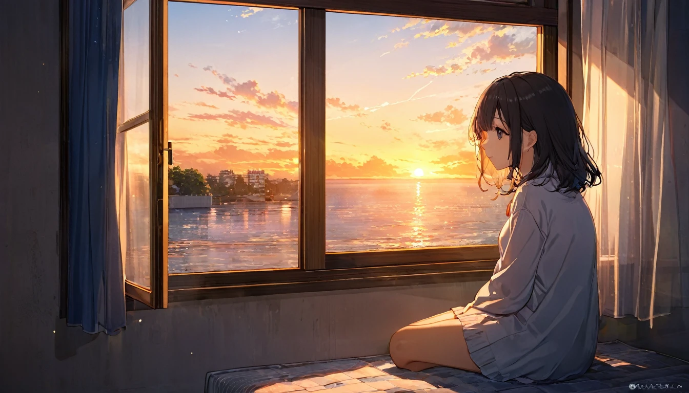 sunset, window,Sitting, girl, 大きなwindow, windowから海が見える, windowから地平線が見える,