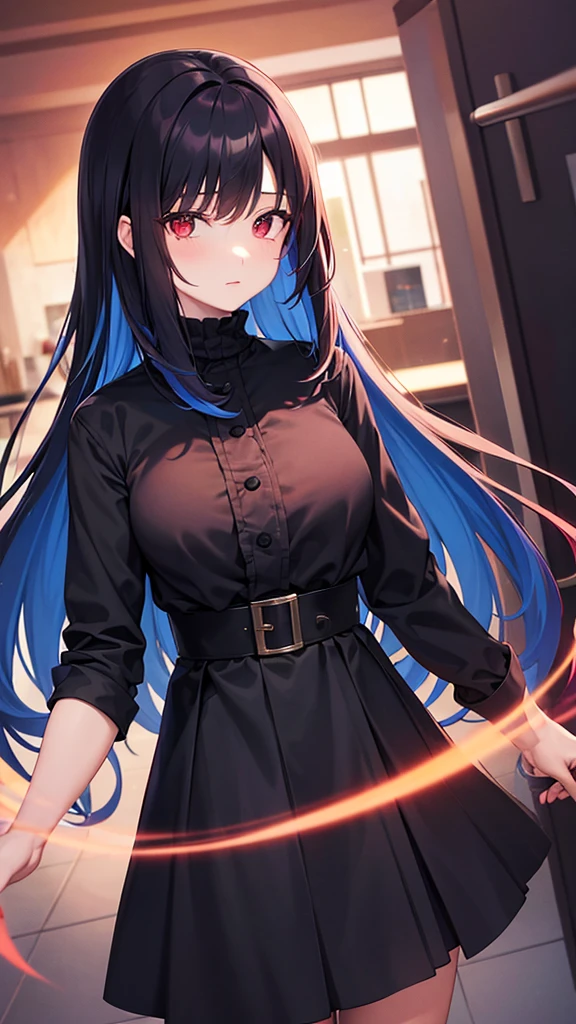 Women, brunette with red eyes and light blue hair .And his black clothes, and her black skirt.