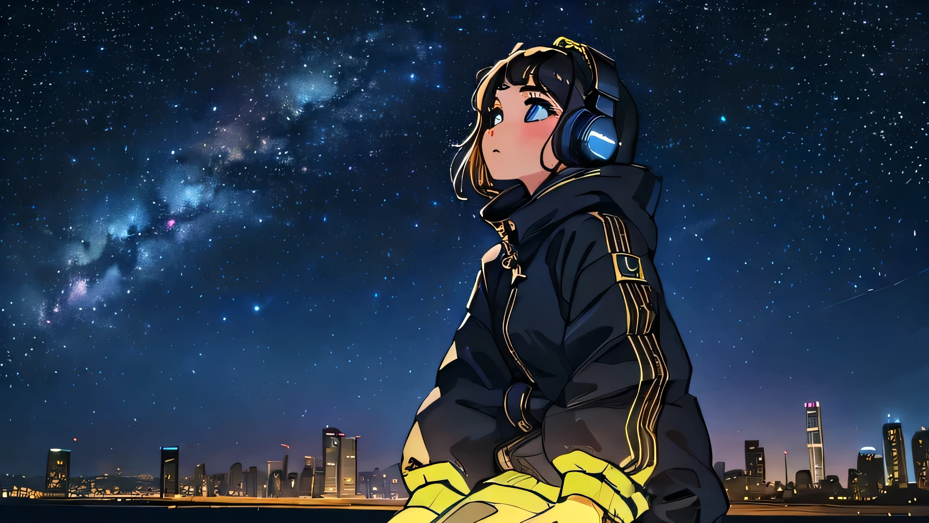 ( high quality , Highly detailed hands ) ( careful hand ) ((masterpiece)),(((最high quality))),((Super detailed)) Realistically, 1 Girl, beautiful, Starry Sky,City of night,Girl looking up at the sky,A sad expression,(Full Body),Black blouson,Headphones