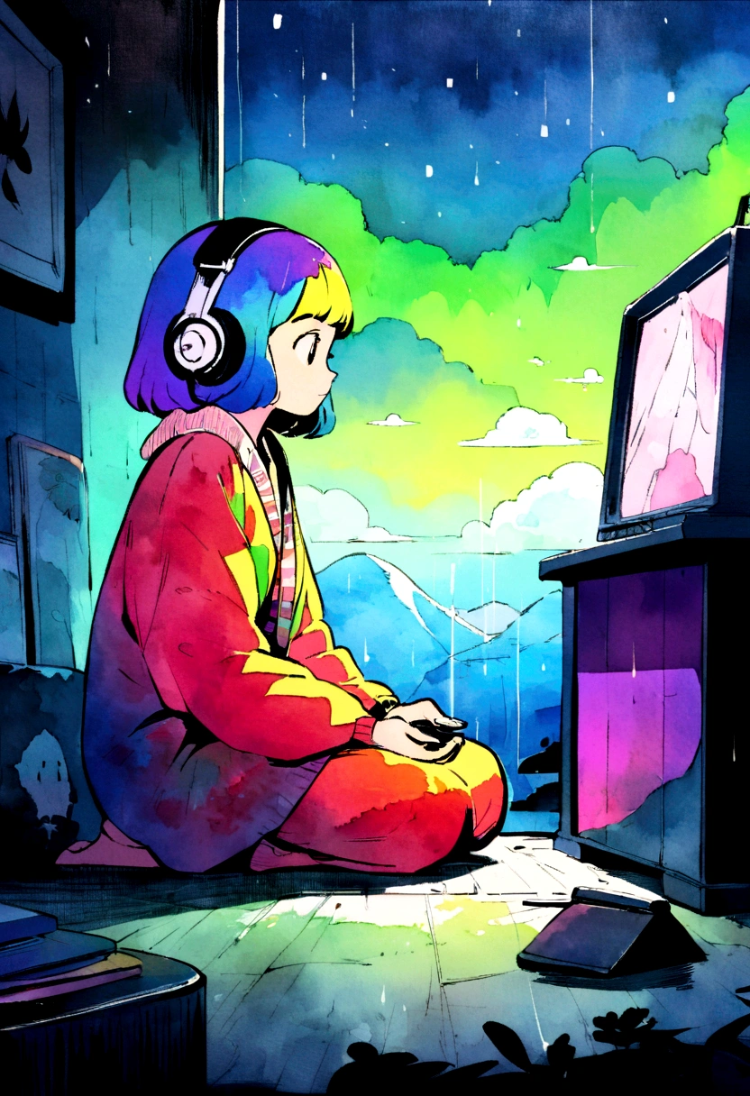 European hippie girl meditating in her room, dream, Wear headphones, night lighting, Neon scenery on a rainy day, Analog Color Theme, Lo-fi Hip Hop , review, flat, 2.5D ,Draw a line, Ink painting, Large slope, Watercolor, Goosh Colors, Studio Ghibli style, Great colorful, Outerton, Krautlock, Lofi Art,  70s style,Old Texture, amplitude,Psychedelic atmosphere, masterpiece, Great technology, study,studiando