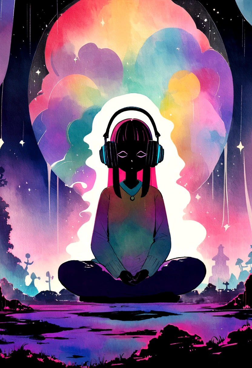 European hippie girl meditating in her room, dream, Wear headphones, night lighting, Neon scenery on a rainy day, Analog Color Theme, Lo-fi Hip Hop , review, flat, 2.5D ,Draw a line, Ink painting, Large slope, Watercolor, Goosh Colors, Studio Ghibli style, Great colorful, Outerton, Krautlock, Lofi Art,  70s style,Old Texture, amplitude,Psychedelic atmosphere, masterpiece, Great technology, study,studiando