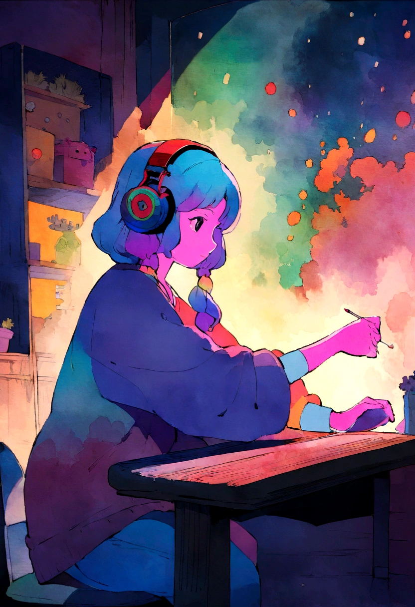 European hippie girl meditating in her room, dream, Wear headphones, night lighting, Neon scenery on a rainy day, Analog Color Theme, Lo-fi Hip Hop , review, flat, 2.5D ,Draw a line, Ink painting, Large slope, Watercolor, Goosh Colors, Studio Ghibli style, Great colorful, Outerton, Krautlock, Lofi Art,  70s style,Old Texture, amplitude,Psychedelic atmosphere, masterpiece, Great technology, study,studiando