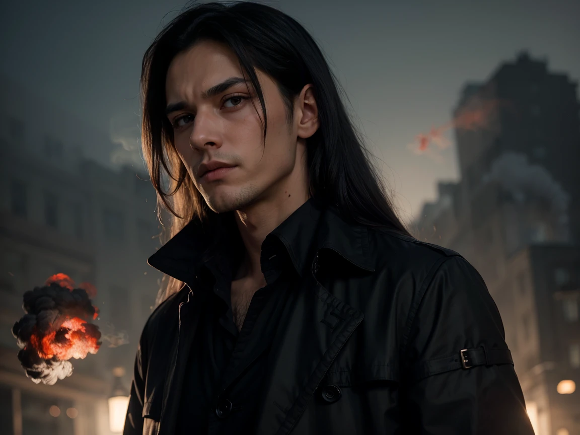 (((Long hair))), Vampire, One handsome young man of 30 years old ((thin body)), ((long black straight hair)), ((red eyes)), ((black trench fabric coat)), He wears a dark suit, consisting of black pants, a black cloak, a black shirt, and a black coat, which adds to his mysterious allure, (black shirt), an evil serious concentrated expression on his face, thin eyebrows, long eyelashes, serious thin face, a straight nose, (red smoke everywhere) attacking