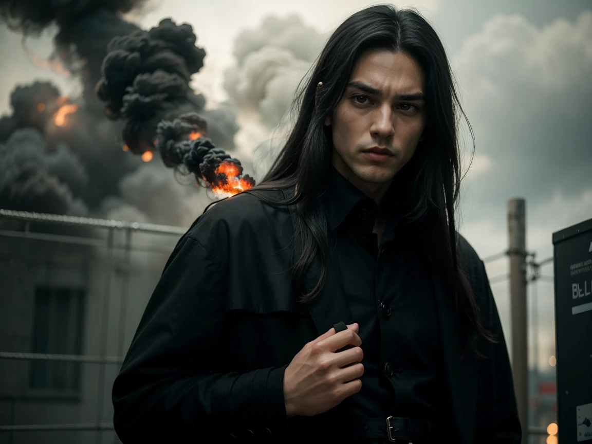 (((Long hair))), Vampire, One handsome young man of 30 years old ((thin body)), ((long black straight hair)), ((red eyes)), ((black trench fabric coat)), He wears a dark suit, consisting of black pants, a black cloak, a black shirt, and a black coat, which adds to his mysterious allure, (black shirt), an evil serious concentrated expression on his face, thin eyebrows, long eyelashes, serious thin face, a straight nose, (red smoke everywhere) attacking