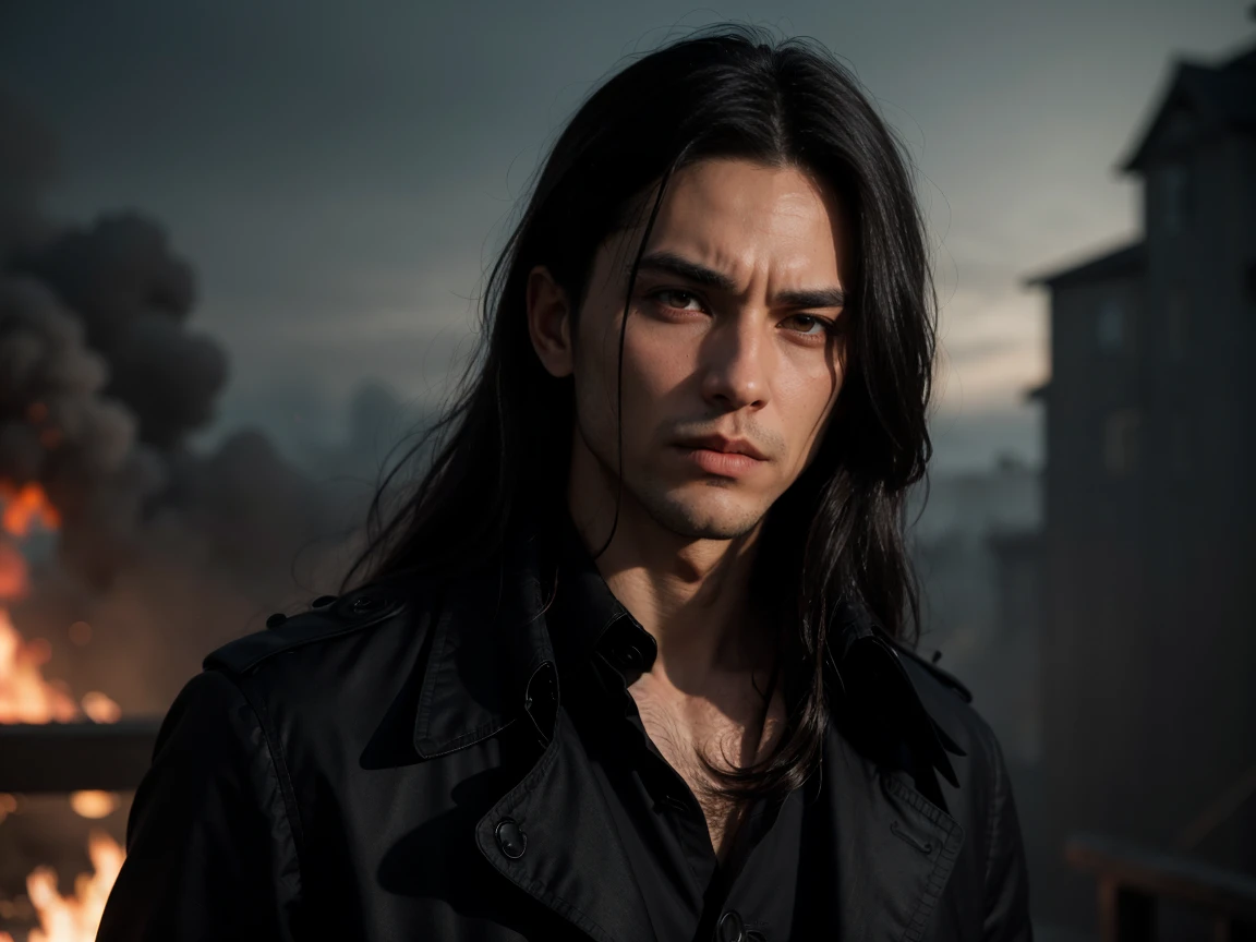 (((Long hair))), Vampire, One handsome young man of 30 years old ((thin body)), ((long black straight hair)), ((red eyes)), ((black trench fabric coat)), He wears a dark suit, consisting of black pants, a black cloak, a black shirt, and a black coat, which adds to his mysterious allure, (black shirt), an evil serious concentrated expression on his face, thin eyebrows, long eyelashes, serious thin face, a straight nose, (red smoke everywhere) attacking