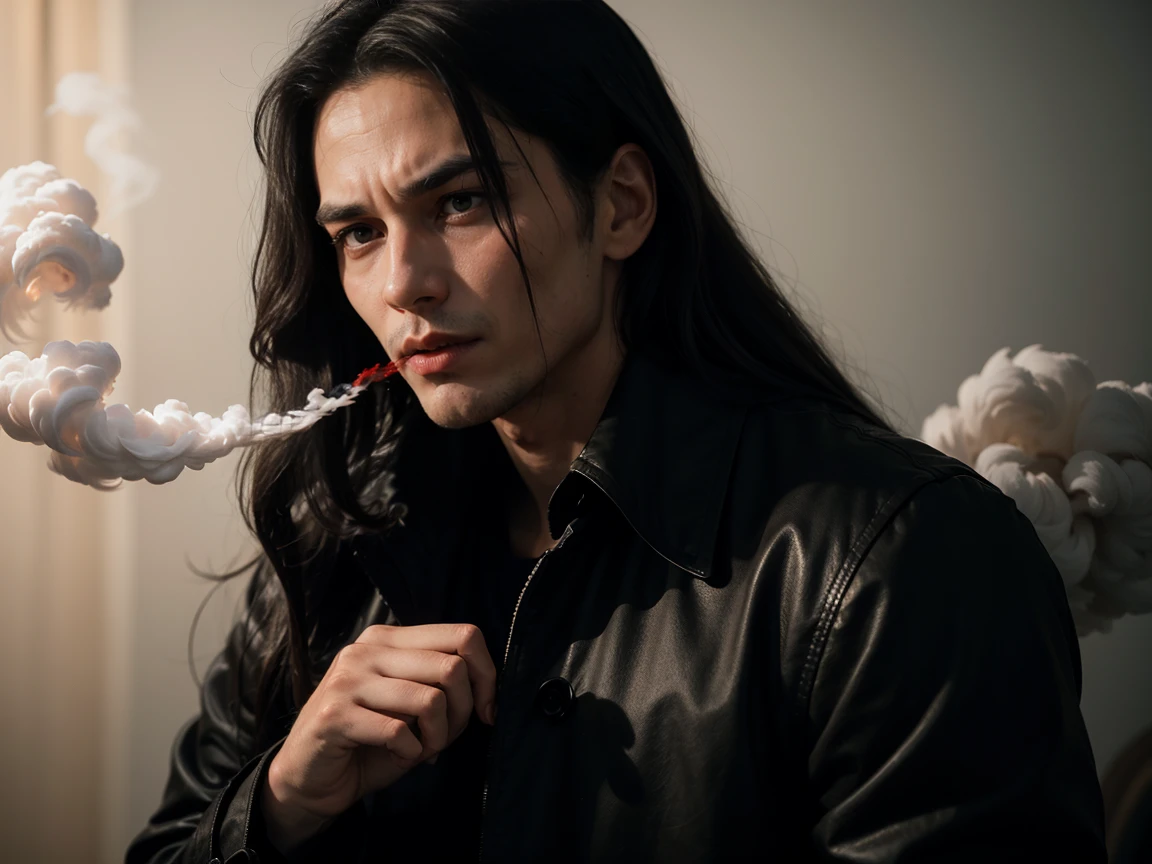 (((Long hair))), Vampire, One handsome young man of 30 years old ((thin body)), ((long black straight hair)), ((red eyes)), ((black trench fabric coat)), He wears a dark suit, consisting of black pants, a black cloak, a black shirt, and a black coat, which adds to his mysterious allure, (black shirt), an evil serious concentrated expression on his face, thin eyebrows, long eyelashes, serious thin face, a straight nose, (red smoke everywhere) attacking