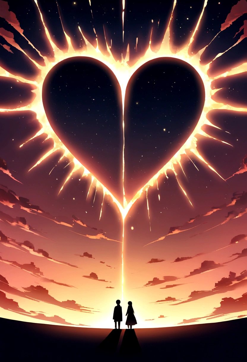 With the sunset sky in the background、A big heart is shining。The two people standing in front of it stare at each other.、Symbolizes the strength of love。