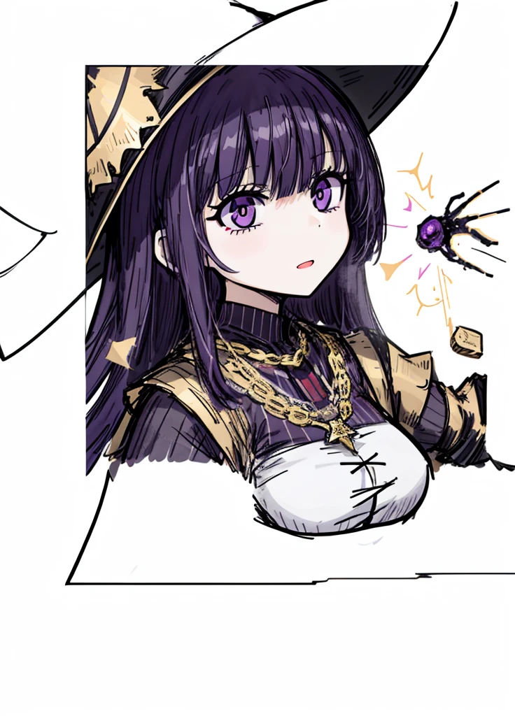 1girl, purple eyes,purple hair, witch, mage, nice clothes, (high resolution, high detail, best quality), 
black background, happy