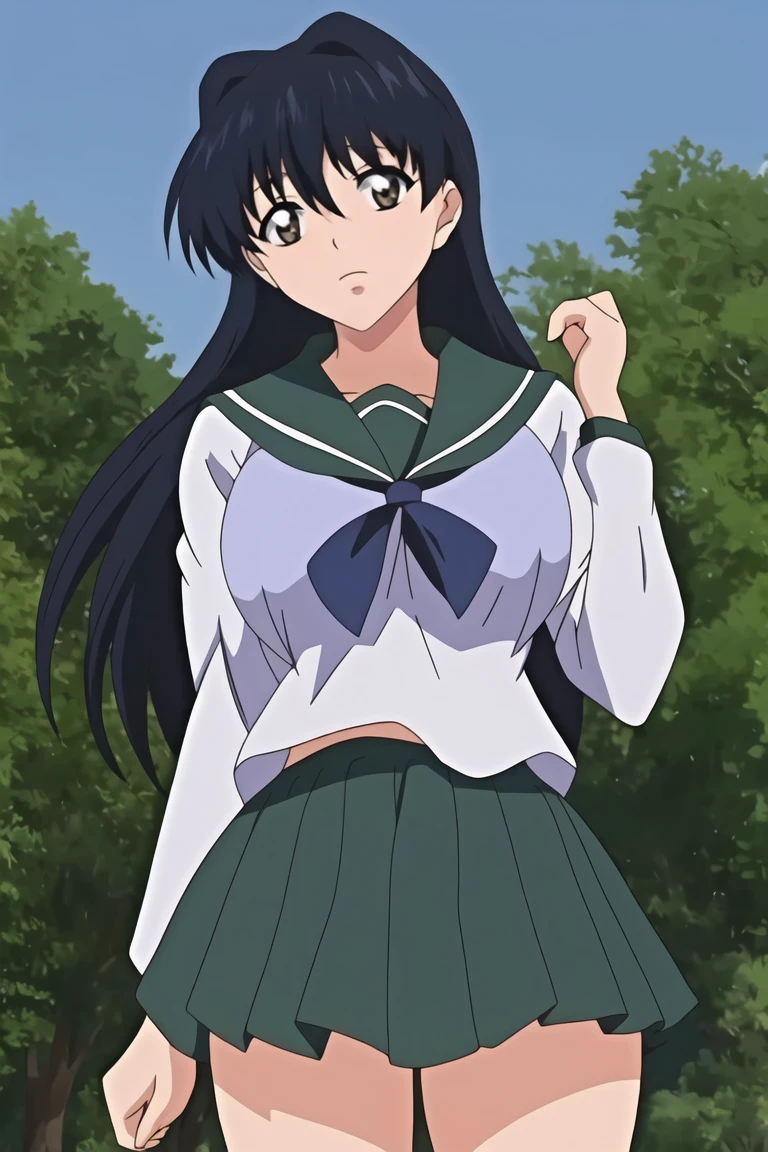 Kagome, 1 girl, Alone, long_Hair, looking_in_viewer, open_boca, negro_Hair, long_sleeves, Brown_eyes, school_uniform, standing, cowboy_shooting, pleined_Skirt, outdoor, sky, day, sailor_neck, tree, Handkerchief, green_Skirt, forest