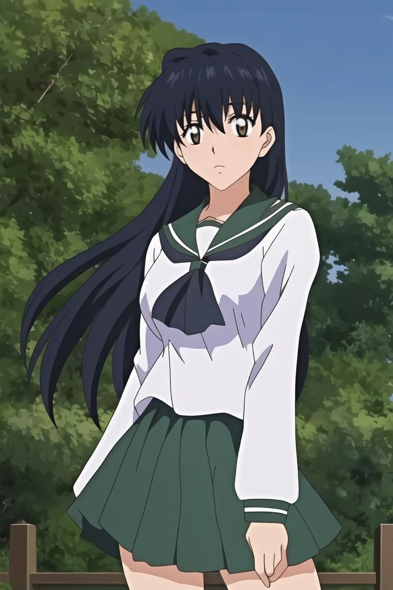 Kagome, 1 girl, Alone, long_Hair, looking_in_viewer, open_boca, ?????_Hair, long_sleeves, Brown_eyes, school_uniform, standing, cowboy_shooting, pleined_Skirt, outdoor, sky, day, sailor_neck, tree, Handkerchief, green_Skirt, forest