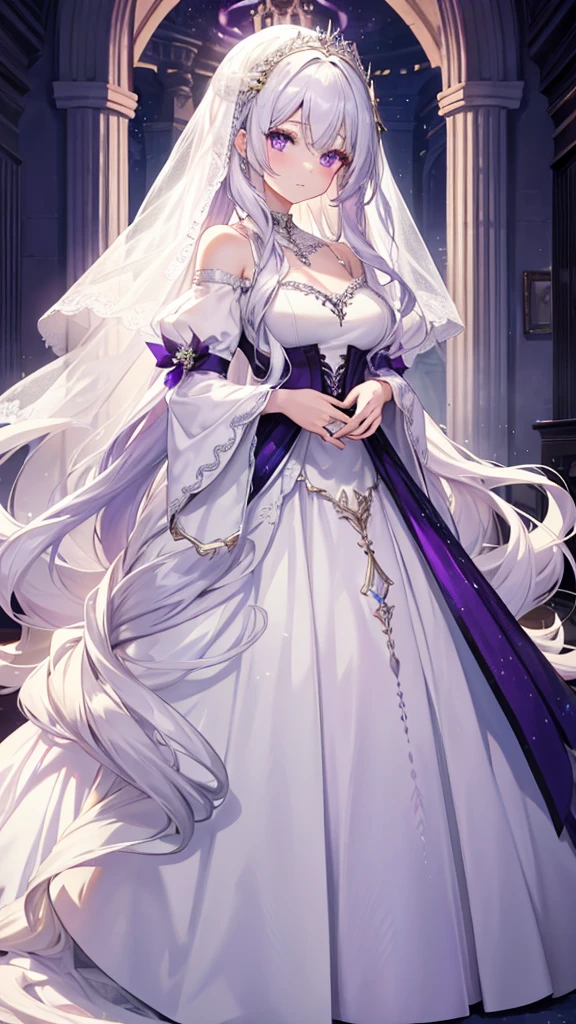 Extremely long white hair, purple eyes, dreamiest female figure, gorgeous 16 year old bride in an off the shoulder wedding dress.