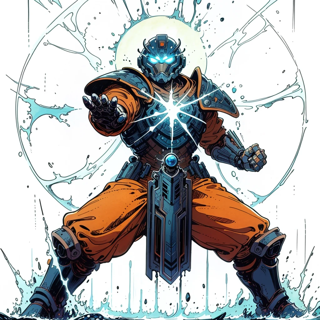 a cartoon of a man with a glowing face and a sword, fractal thunder dan mumford, mystic ninja, full portrait of electromancer, fractal cyborg ninja background, water armor, darkseid, dark god sit on the tron, greek god in mecha style, epic full color illustration, in the art style of dan mumford, intricate glowing mecha armor