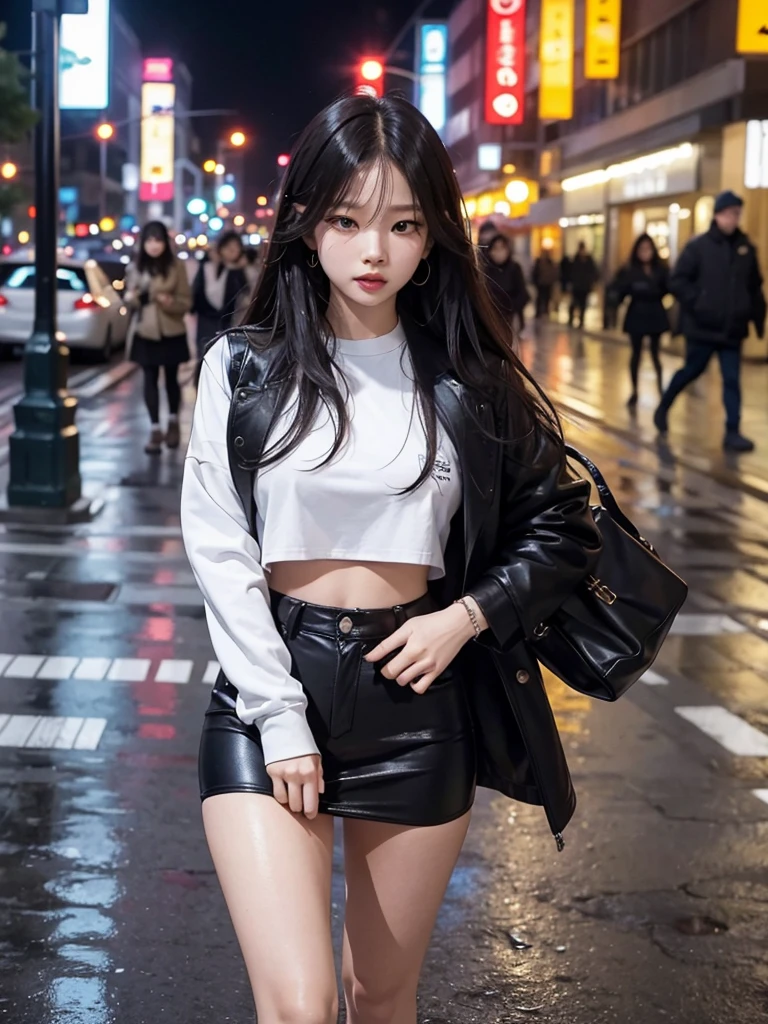 Jennie Kim, the iconic BLACKPINK rapper and singer, is in Seoul showing off his attributes, shapely thighs, sensual mother, big boobies. Despite the downpour, she has a silly expression on her face, as she strikes sensual poses through the city streets. Your short black crop top and your mini skirt, combine creating an elegant and modern silhouette. Her beautiful black hair flowing in the wind, but this only serves to enhance your natural beauty. A faint smile plays on his full lips, as she observes the world around her with an air of mystery. City lights flicker and reflect in puddles of water, creating a vibrant and lively urban setting. Focus on Jennie&#39;s face. focus on the body.