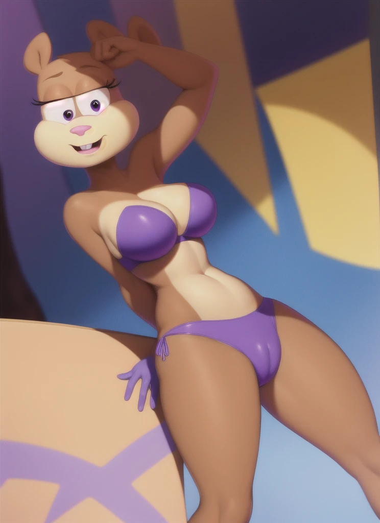 sandy-cheeks, purple bikini, in a strip club 