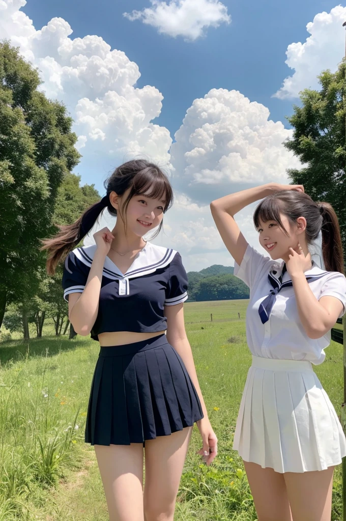 2 girls in rural field,cumulonimbus cloud in summer sky,sailor shirt,navy blue pleated micro mini skirt lifting up,white panties,18-year-old,bangs,a little smile,thighs,knees,short hair with low pigtails bunches,from below,front light