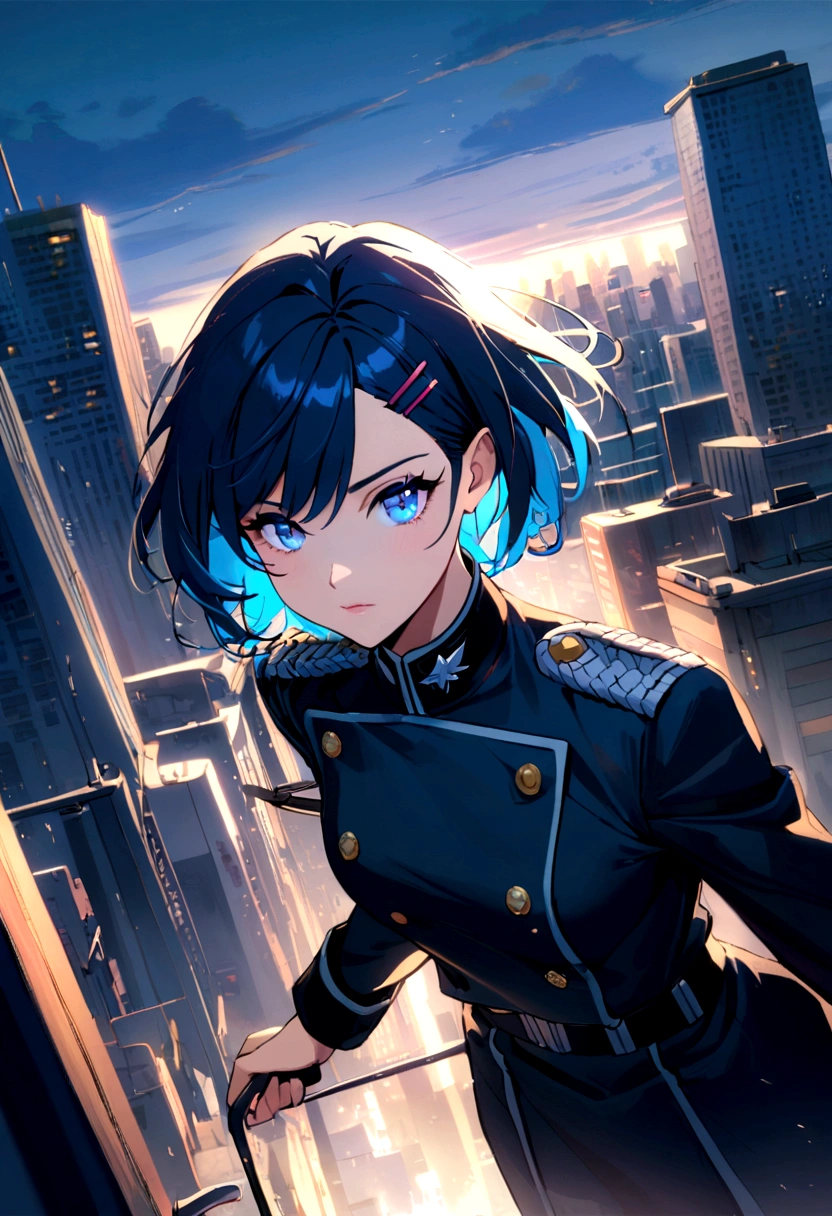 1dirl, dark blue military uniform, dark hair, blue hair, short hair, blue Eyes, hairclip, city background