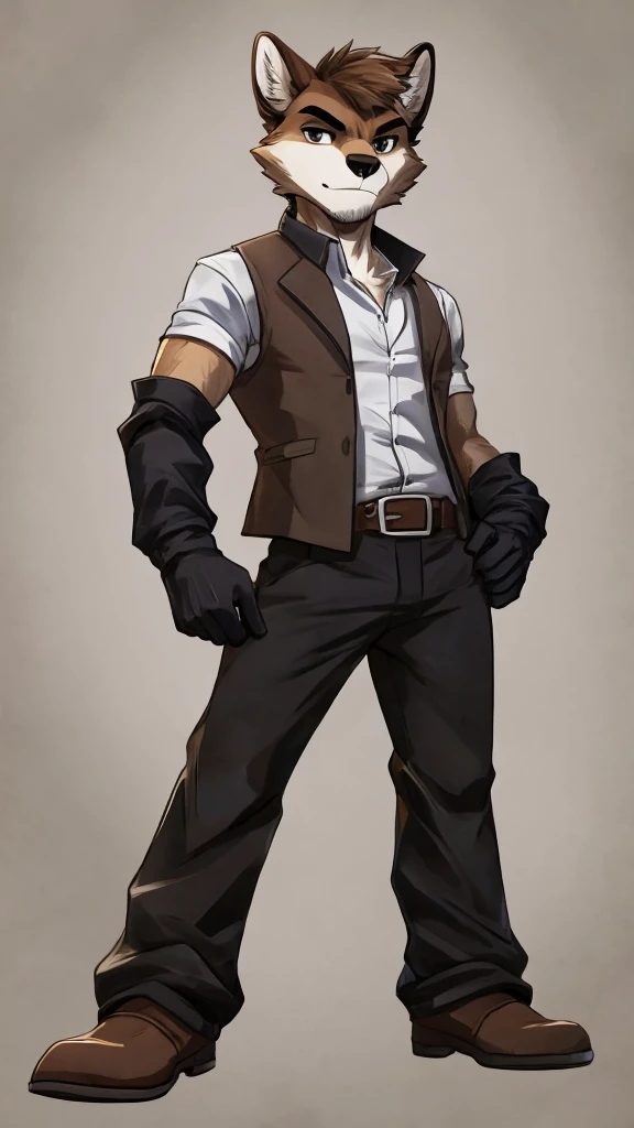 character with dark gray and light brown fur. He wears a white long-sleeved shirt with the sleeves rolled up, a dark brown vest, black pants, and black gloves. His legs and feet are partially wrapped in white bandages, and he is in a confident pose, looking straight ahead.