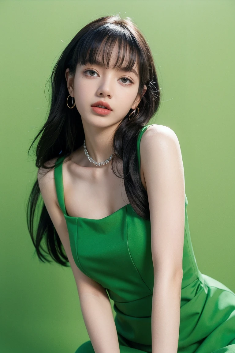 21yo girl, beautiful dress, green background