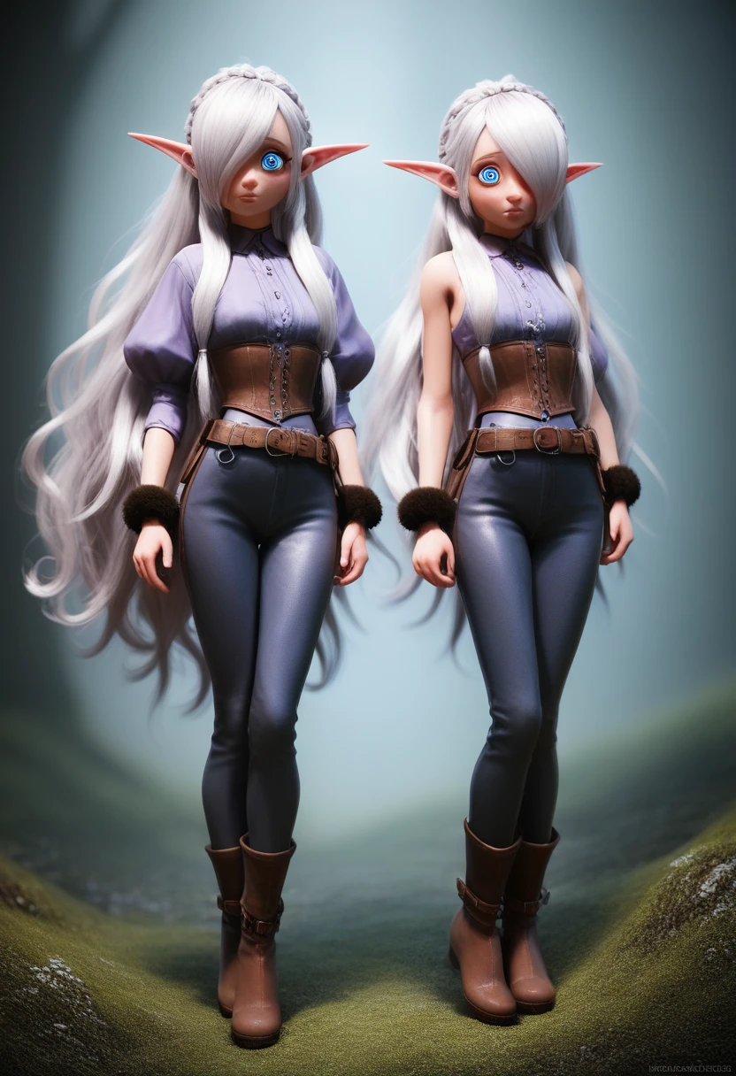 ((Best Quality)), (Masterpiece)), (Details: 1.4), Absurd Resolution, High Resolution, (Masterpiece: 1.4), Ultra Detailed, detailed gnome girl with pale skin, short stature, very long waist length silver hair that curls at the ends, covering one eye, with small breasts, pouty lips, and bright blue anime-style eyes with long lashes, wearing a corset, white puffy long sleeved shirt, and puffy cloth pants, leather bound boots, set in a windy fantasy landscape, (best quality,4k,8k,highres,masterpiece:1.2),ultra-detailed, dungeons and dragons, long elf ears, small girl, detailed skin and cloth textures, cute detailed face, intricate details, extremely detailed, 1girl, dynamic pose with hair covering one eye, shy personality, puffy cloth pants with leather belt, detailed privateer outfit, detailed buccaneer outfit, pouch on belt, wearing ornate leather armor with fur trim, silver inlay detail, wearing fur trimmed boots, wearing fur trimmed gloves, short, short height, halfing girl, small girl, very long detailed flowing hair, big head, big round eyes