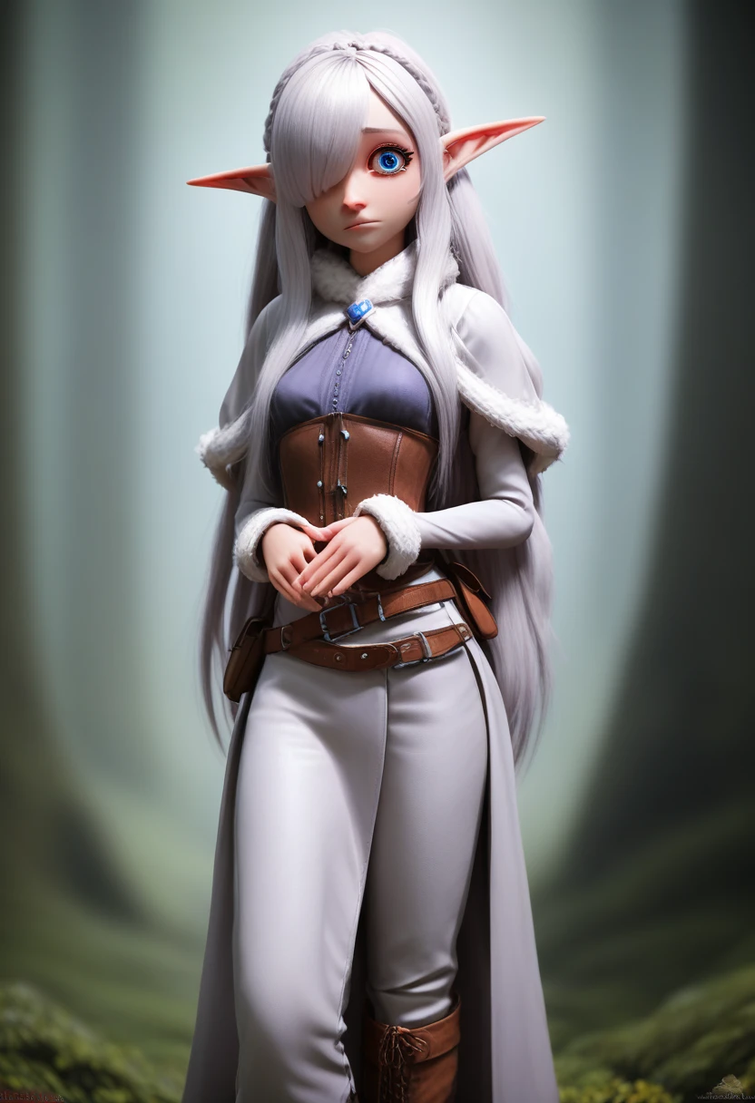 ((Best Quality)), (Masterpiece)), (Details: 1.4), Absurd Resolution, High Resolution, (Masterpiece: 1.4), Ultra Detailed, detailed gnome girl with pale skin, short stature, very long waist length silver hair that curls at the ends, covering one eye, with small breasts, pouty lips, and bright blue anime-style eyes with long lashes, wearing a corset, white puffy long sleeved shirt, and puffy cloth pants, leather bound boots, set in a windy fantasy landscape, (best quality,4k,8k,highres,masterpiece:1.2),ultra-detailed, dungeons and dragons, long elf ears, small girl, detailed skin and cloth textures, cute detailed face, intricate details, extremely detailed, 1girl, dynamic pose with hair covering one eye, shy personality, puffy cloth pants with leather belt, detailed privateer outfit, detailed buccaneer outfit, pouch on belt, wearing ornate leather armor with fur trim, silver inlay detail, wearing fur trimmed boots, wearing fur trimmed gloves, short, short height, halfing girl, small girl, very long detailed flowing hair, big head, big round eyes