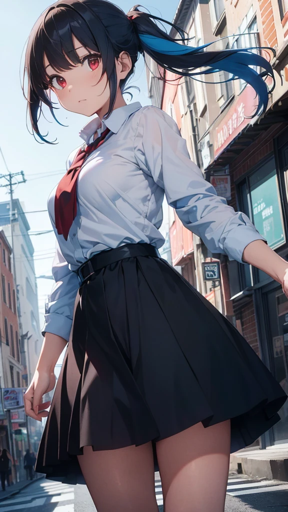 Women, brunette with red eyes and light blue hair .And his black clothes, and her black skirt. 