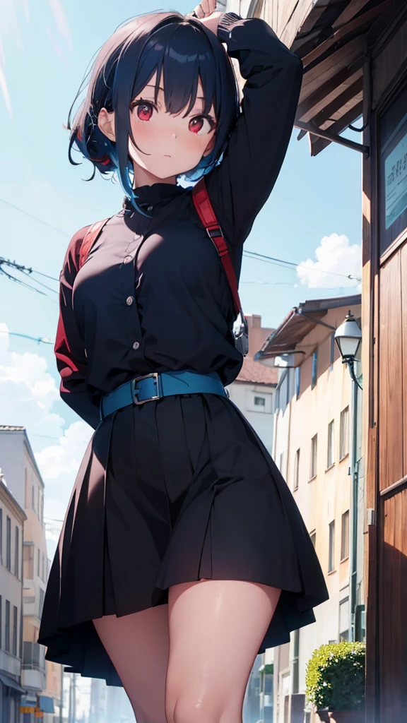 Women, brunette with red eyes and light blue hair .And his black clothes, and her black skirt. 