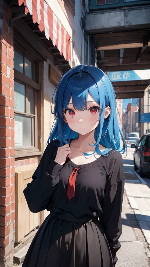 Women, brunette with red eyes and light blue hair .And his black clothes, and her black skirt. 