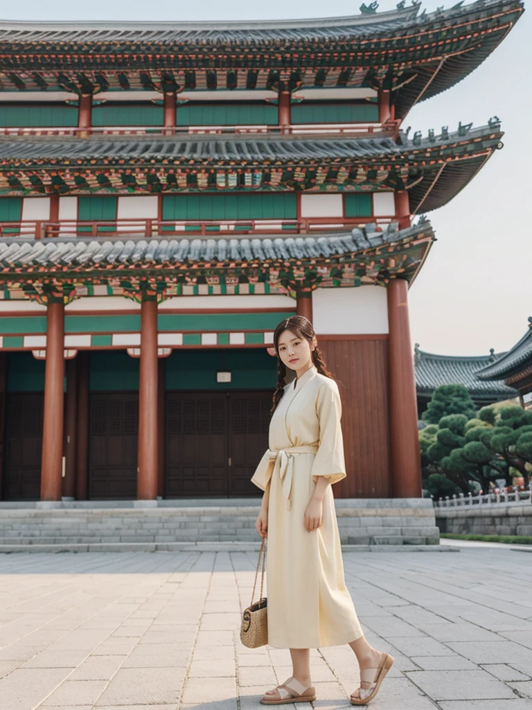 her name is Asako, high quality, 1girl, ((20-year-old fit Caucasian woman)), ((20 years old)), ((slim)), ((Fishtail Braid hair)), pose: standing, wearing unique stylish fashionable Generation-Z modern wear pastel colored, BACKGROUND: At Gyeongbokgung Palace, with its traditional Korean architecture and the backdrop of modern skyscrapers.