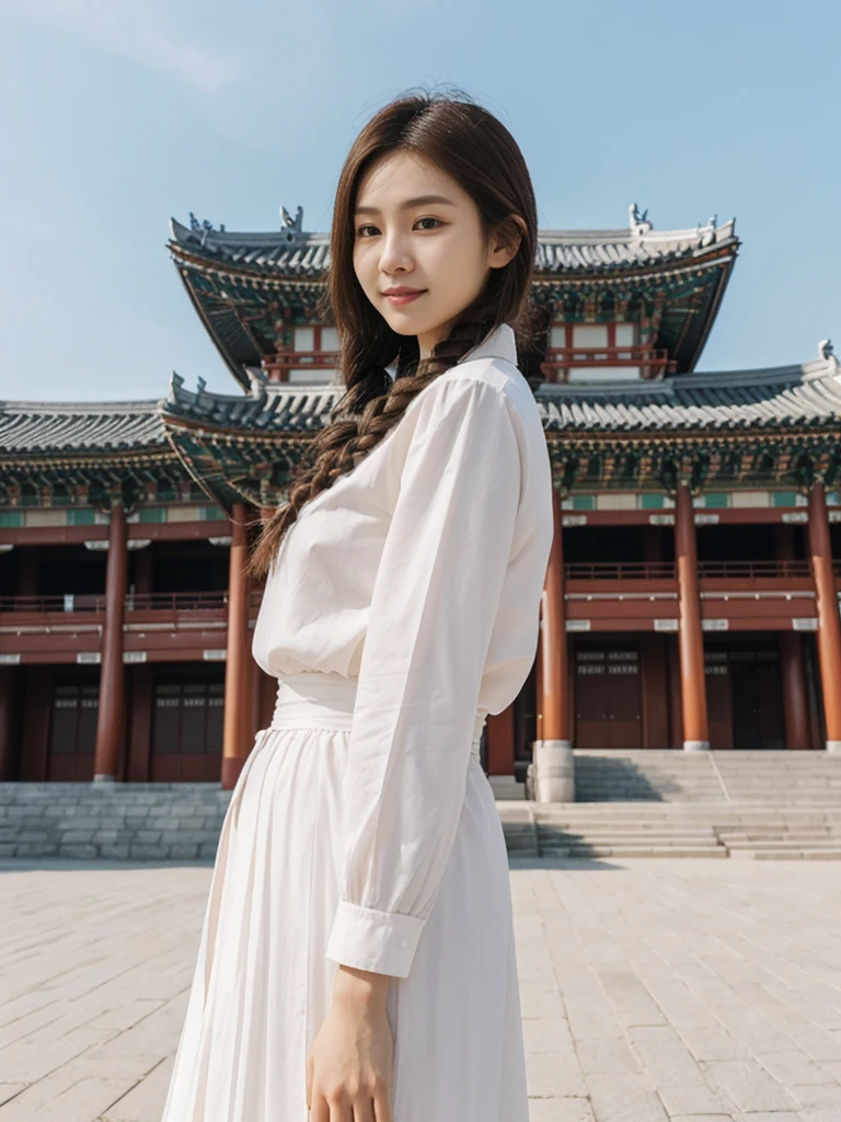 her name is Asako, high quality, 1girl, ((20-year-old fit Caucasian woman)), ((20 years old)), ((slim)), ((Fishtail Braid hair)), pose: standing, wearing unique stylish fashionable Generation-Z modern wear pastel colored, BACKGROUND: At Gyeongbokgung Palace, with its traditional Korean architecture and the backdrop of modern skyscrapers.