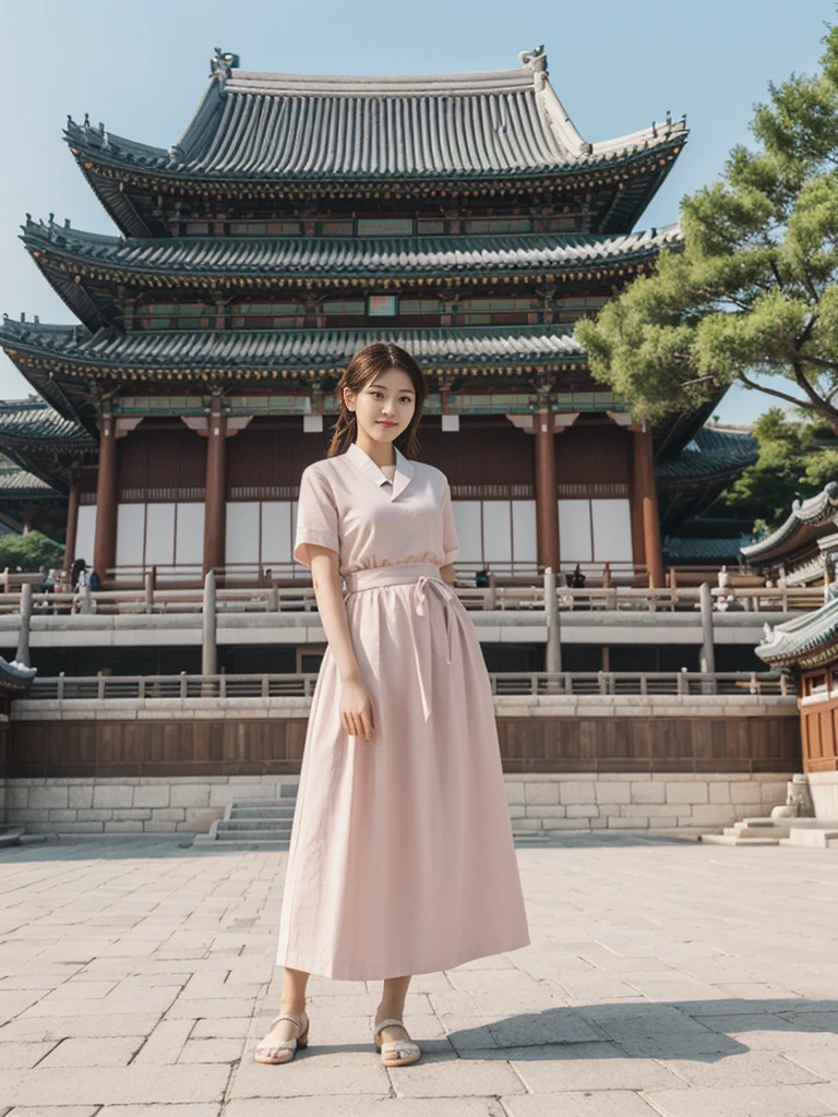 her name is Asako, high quality, 1girl, ((20-year-old fit Caucasian woman)), ((20 years old)), ((slim)), ((Fishtail Braid hair)), pose: standing, wearing unique stylish fashionable Generation-Z modern wear pastel colored, BACKGROUND: At Gyeongbokgung Palace, with its traditional Korean architecture and the backdrop of modern skyscrapers.