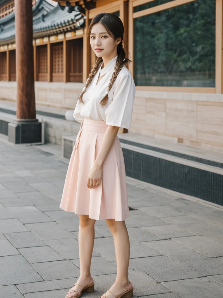 her name is Asako, high quality, 1girl, ((20-year-old fit Caucasian woman)), ((20 years old)), ((slim)), ((Fishtail Braid hair)), pose: standing, wearing unique stylish fashionable Generation-Z modern wear pastel colored, BACKGROUND: At Gyeongbokgung Palace, with its traditional Korean architecture and the backdrop of modern skyscrapers.