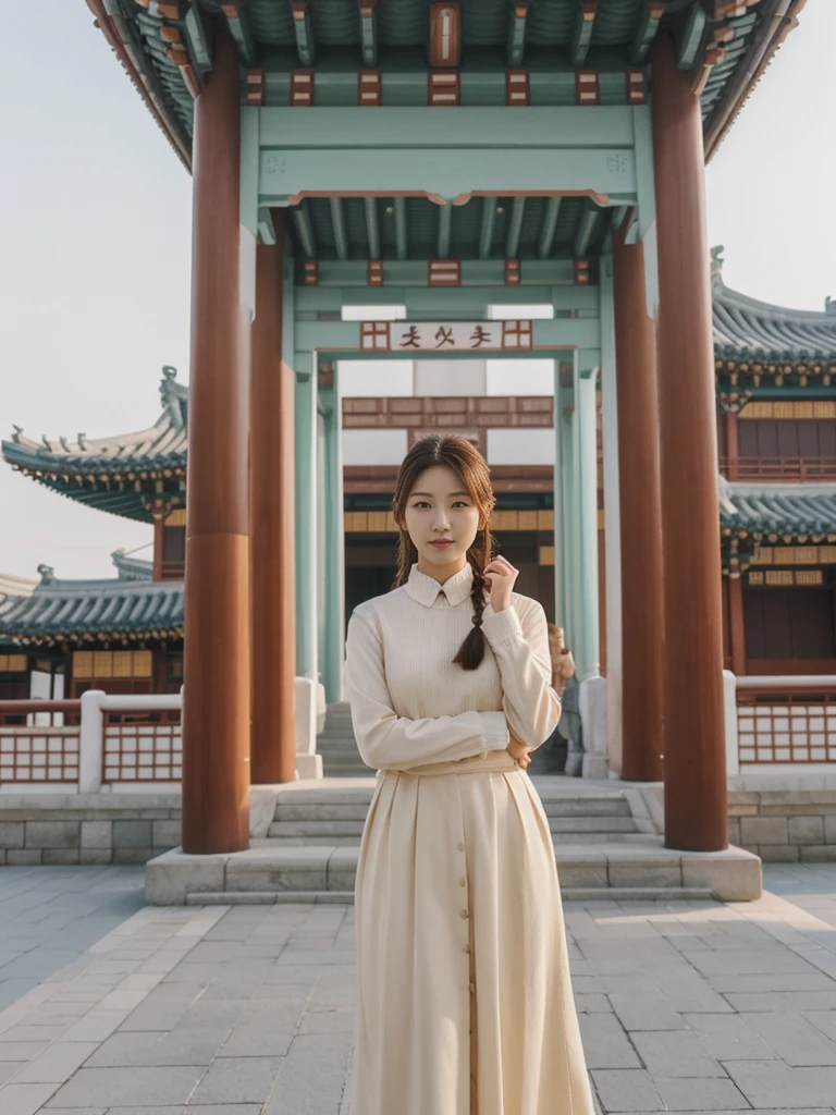 her name is Asako, high quality, 1girl, ((20-year-old fit Caucasian woman)), ((20 years old)), ((slim)), ((Fishtail Braid hair)), pose: standing, wearing unique stylish fashionable Generation-Z modern wear pastel colored, BACKGROUND: At Gyeongbokgung Palace, with its traditional Korean architecture and the backdrop of modern skyscrapers.