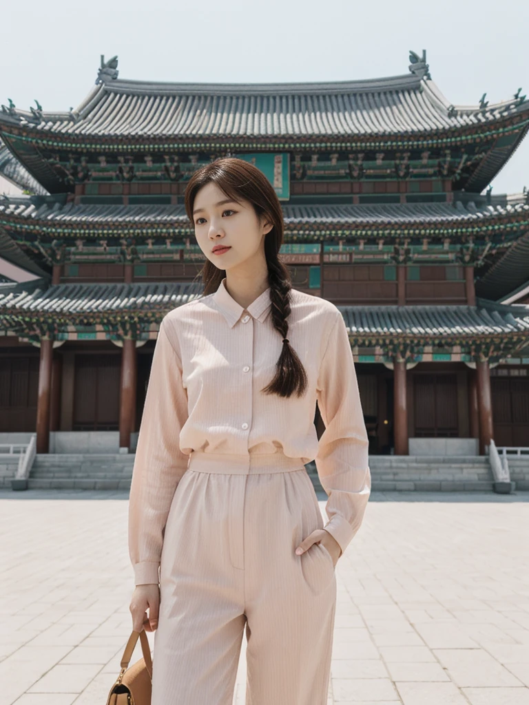 her name is Asako, high quality, 1girl, ((20-year-old fit Caucasian woman)), ((20 years old)), ((slim)), ((Fishtail Braid hair)), pose: standing, wearing unique stylish fashionable Generation-Z modern wear pastel colored, BACKGROUND: At Gyeongbokgung Palace, with its traditional Korean architecture and the backdrop of modern skyscrapers.