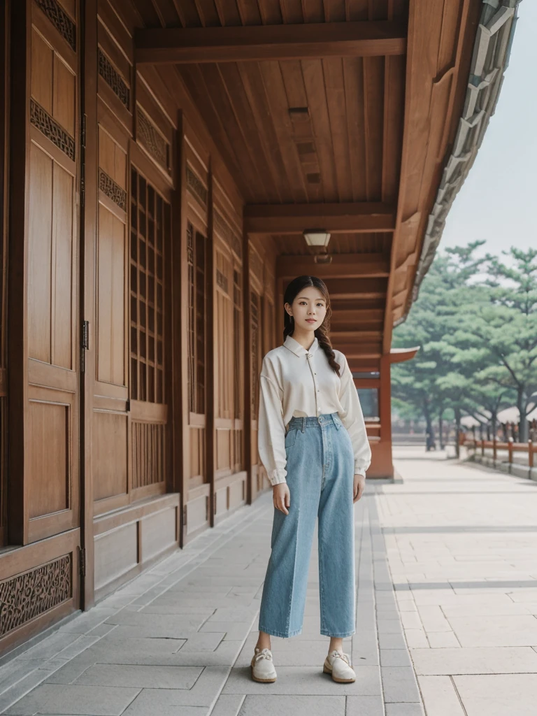her name is Asako, high quality, 1girl, ((20-year-old fit Caucasian woman)), ((20 years old)), ((slim)), ((Fishtail Braid hair)), pose: standing, wearing unique stylish fashionable Generation-Z modern wear pastel colored, BACKGROUND: At Gyeongbokgung Palace, with its traditional Korean architecture and the backdrop of modern skyscrapers.