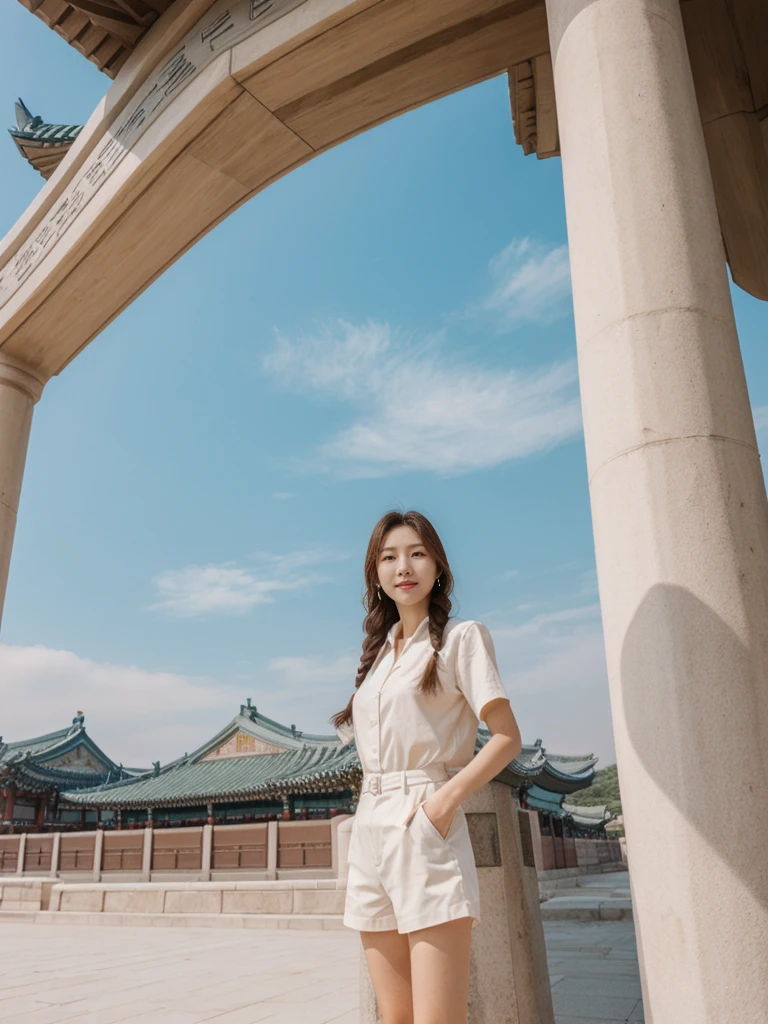 her name is Asako, high quality, 1girl, ((20-year-old fit Caucasian woman)), ((20 years old)), ((slim)), ((Fishtail Braid hair)), pose: standing, wearing unique stylish fashionable Generation-Z modern wear pastel colored, BACKGROUND: At Gyeongbokgung Palace, with its traditional Korean architecture and the backdrop of modern skyscrapers.