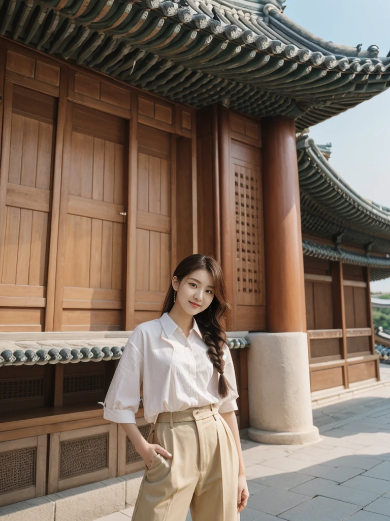 her name is Asako, high quality, 1girl, ((20-year-old fit Caucasian woman)), ((20 years old)), ((slim)), ((Fishtail Braid hair)), pose: standing, wearing unique stylish fashionable Generation-Z modern wear pastel colored, BACKGROUND: At Gyeongbokgung Palace, with its traditional Korean architecture and the backdrop of modern skyscrapers.