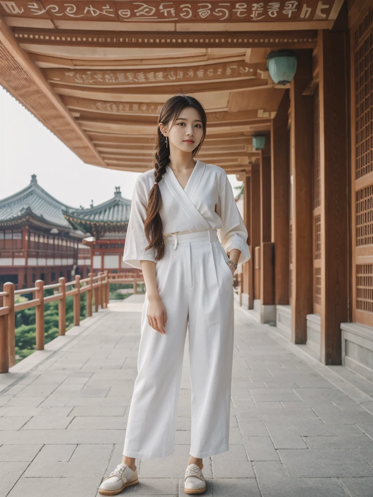her name is Asako, high quality, 1girl, ((20-year-old fit Caucasian woman)), ((20 years old)), ((slim)), ((Fishtail Braid hair)), pose: standing, wearing unique stylish fashionable Generation-Z modern wear pastel colored, BACKGROUND: At Gyeongbokgung Palace, with its traditional Korean architecture and the backdrop of modern skyscrapers.