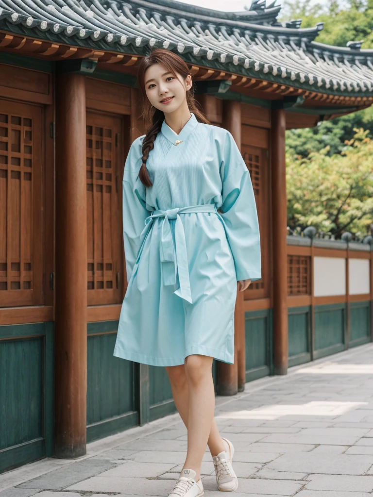 her name is Asako, high quality, 1girl, ((20-year-old fit Caucasian woman)), ((20 years old)), ((slim)), ((Fishtail Braid hair)), pose: standing, wearing unique stylish fashionable Generation-Z modern wear pastel colored, BACKGROUND: At Gyeongbokgung Palace, with its traditional Korean architecture and the backdrop of modern skyscrapers.