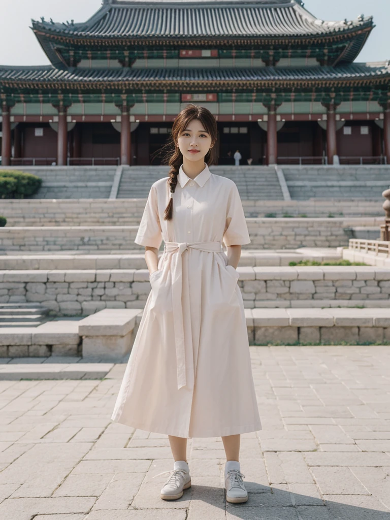 her name is Asako, high quality, 1girl, ((20-year-old fit Caucasian woman)), ((20 years old)), ((slim)), ((Fishtail Braid hair)), pose: standing, wearing unique stylish fashionable Generation-Z modern wear pastel colored, BACKGROUND: At Gyeongbokgung Palace, with its traditional Korean architecture and the backdrop of modern skyscrapers.