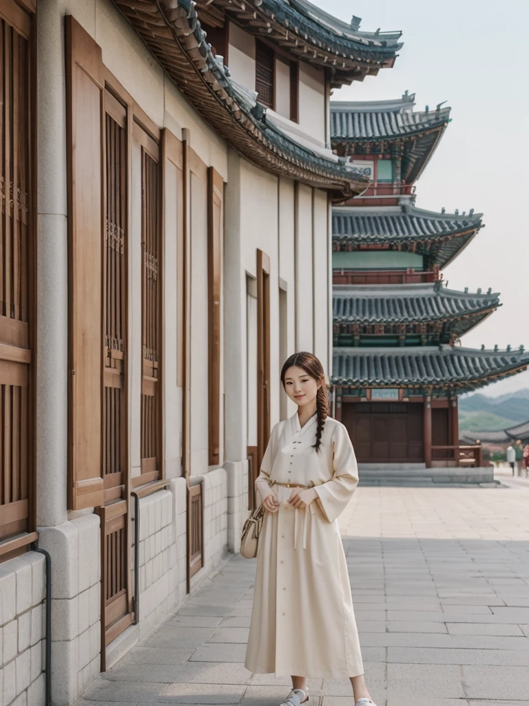 her name is Asako, high quality, 1girl, ((20-year-old fit Caucasian woman)), ((20 years old)), ((slim)), ((Fishtail Braid hair)), pose: standing, wearing unique stylish fashionable Generation-Z modern wear pastel colored, BACKGROUND: At Gyeongbokgung Palace, with its traditional Korean architecture and the backdrop of modern skyscrapers.