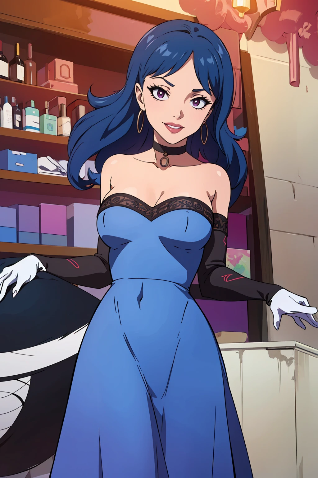 blue hair ,blue dress, long dress, strapless dress, backless dress, long white elbow gloves, smile, light red lipstick, dark purple eye shadow, makeup, black choker, cowboy shot