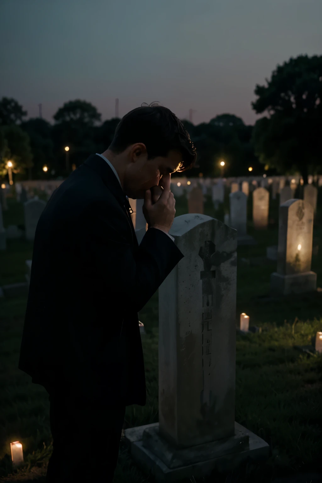 man crying in front of a grave that his profile can be seen, and the farthest image, that you can see the cemetery, let it be at night