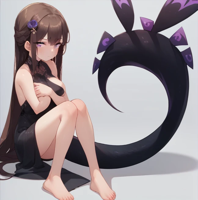 (nsfw) 1 adult anime girl, solo, looking at viewer, black tail, strong purple eyes, sitting, big breasts, black dress, 2 very slim dress bands covering breasts, hair hears, long dark brown hair.