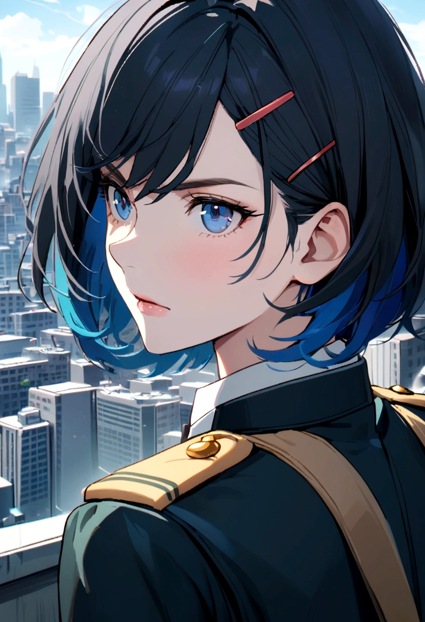 1dirl, dark blue military uniform, white shirt, dark hair, blue hair, short hair, blue Eyes, hairclip, city background